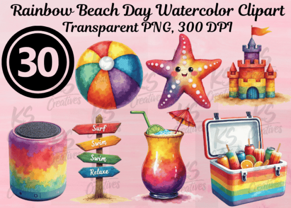 Download Rainbow Beach Day Watercolor Clipart - Beach day Collection